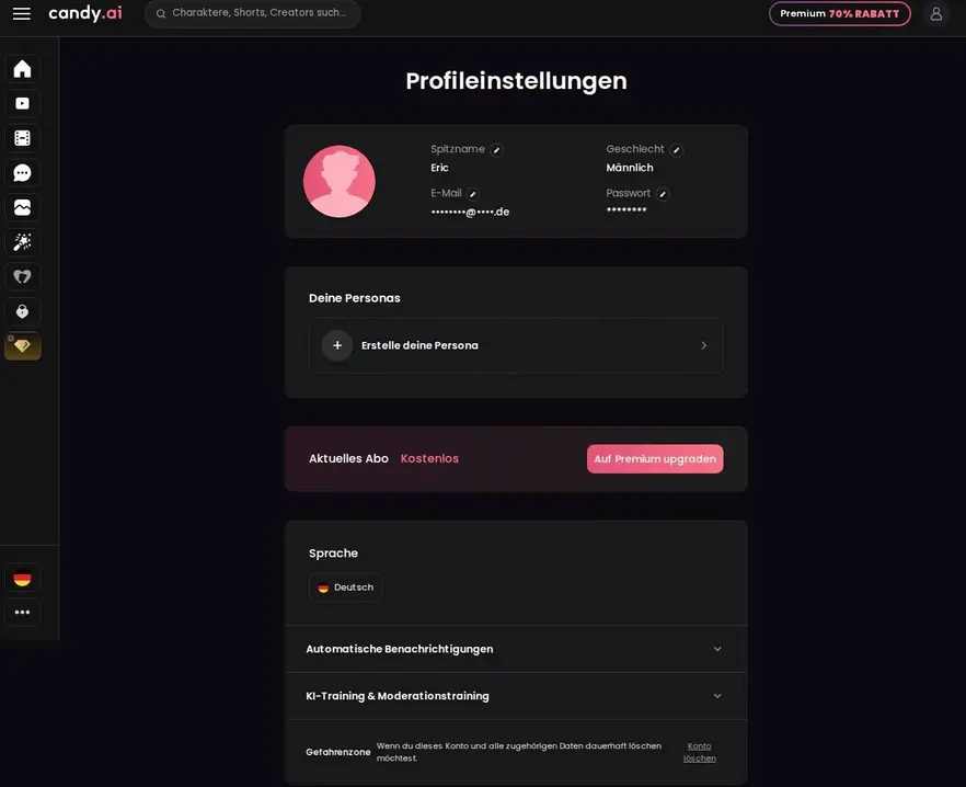 Einstellungen für Persona, Sprache, KI-Training und vollständige Kontolöschung.